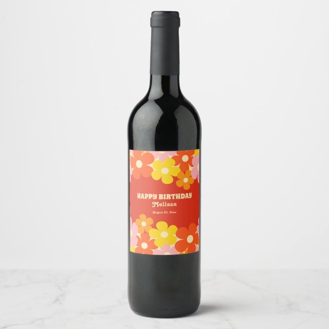 Colourful Retro Orange Boho Flower 50th Birthday Wine Label (Front)