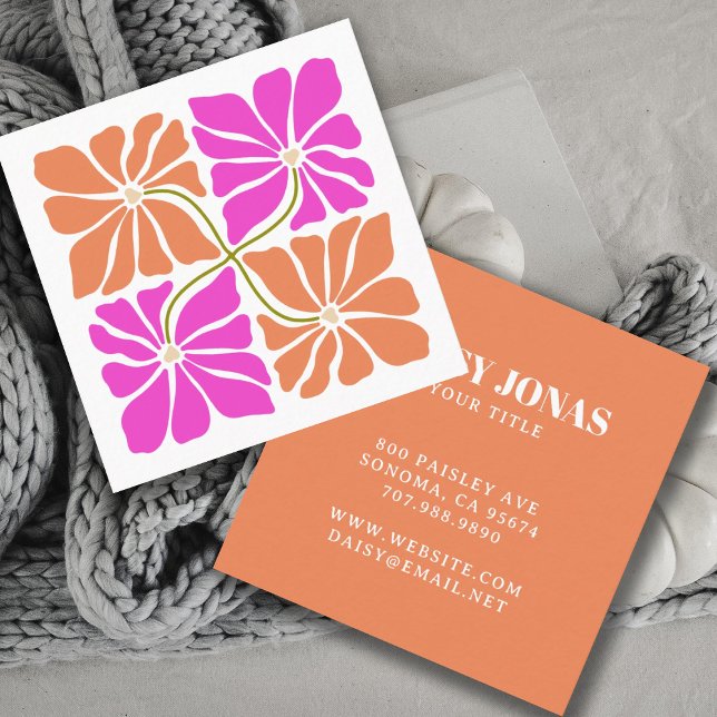 Colourful Retro Orange Red Violet Floral Pattern Square Business Card (Creator Uploaded)