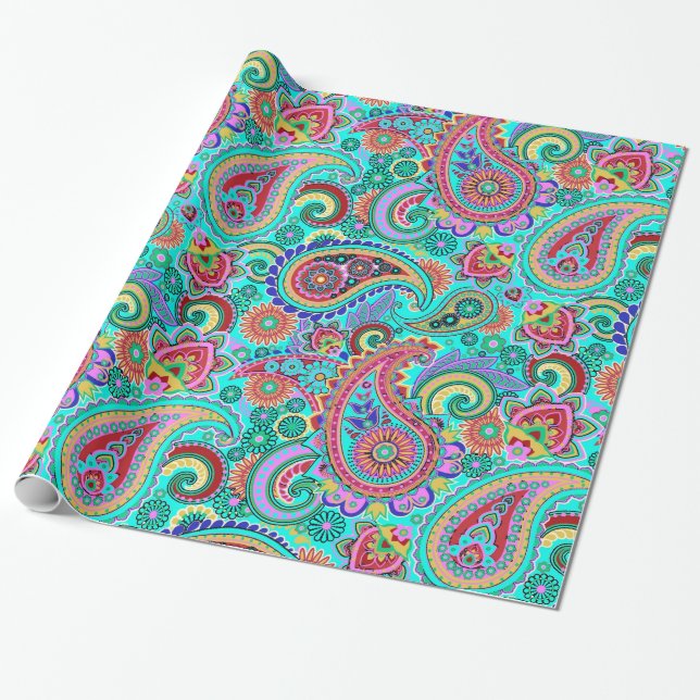 Colourful Retro Paisley Pattern Wrapping Paper (Unrolled)