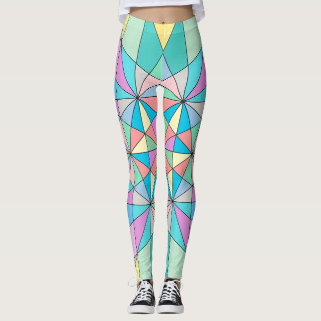 Colourful retro Pastel Mosaic Triangle Star Patter Leggings (Front)