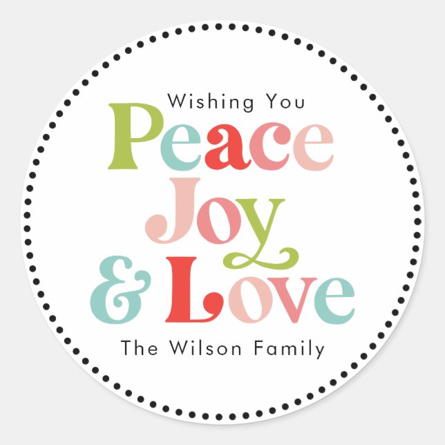 Colourful Retro Peace Joy & Love Christmas Family Classic Round Sticker (Front)