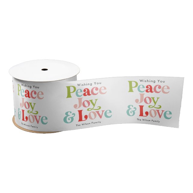 Colourful Retro Peace Joy & Love Christmas Family Satin Ribbon (Spool)
