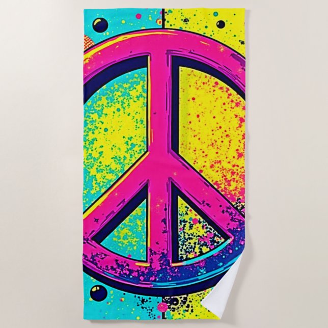 Colourful Retro Peace Sign Beach Towel (Front)