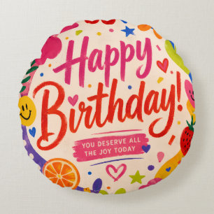Colourful Retro Pop Birthday Greeting with Flowers Round Cushion
