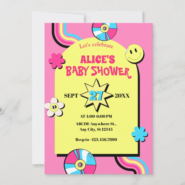 Colourful retro pop fun baby shower invitation (Front)