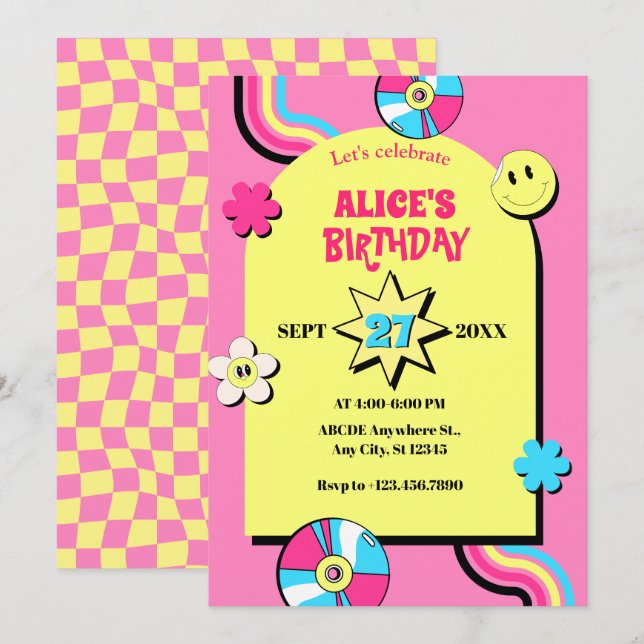 Colourful retro pop fun pastel birthday invitation (Front/Back)