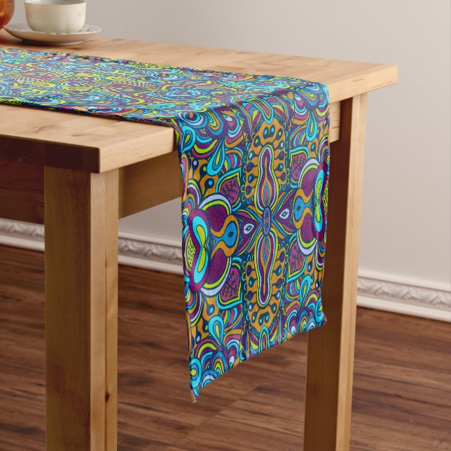 Colourful Retro Psychedelic Abstract Swirls Short Table Runner (In Situ)