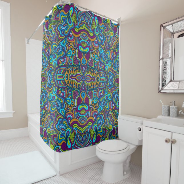Colourful Retro Psychedelic Abstract Swirls Shower Curtain (In Situ)