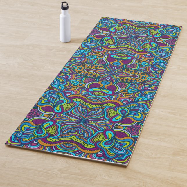 Colourful Retro Psychedelic Abstract Swirls Yoga Mat (In Situ)