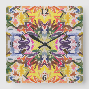 Colourful Retro Psychedelic Kaleidoscope Abstract Square Wall Clock