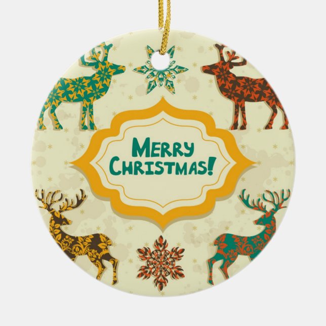 Colourful Retro Rain-Deer Merry Christmas Ceramic Tree Decoration (Front)