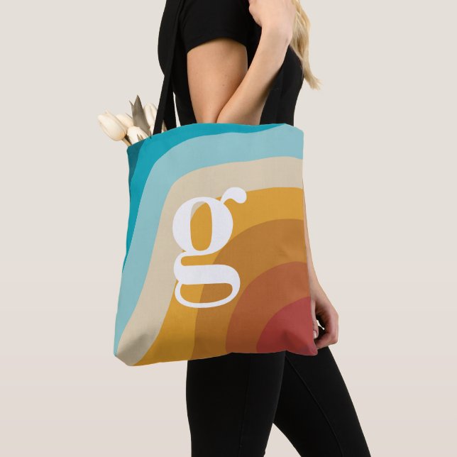 Colourful Retro Rainbow Abstract Waves Monogram Tote Bag (Close Up)