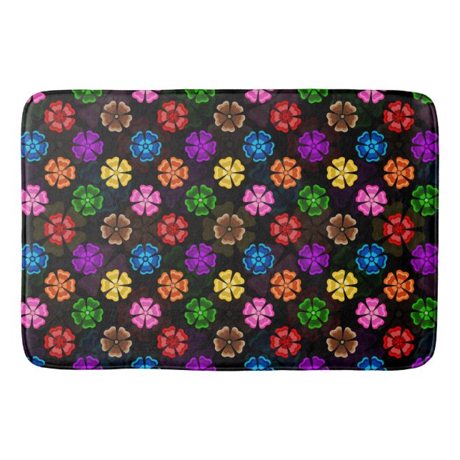 Colourful Retro Rainbow Flowers Design Black  Bath Mat (Front)