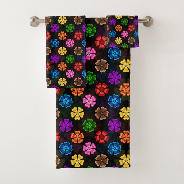 Colourful Retro Rainbow Flowers Design Black  Bath Towel Set (Insitu)