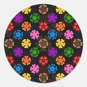 Colourful Retro Rainbow Flowers Design Black Classic Round Sticker