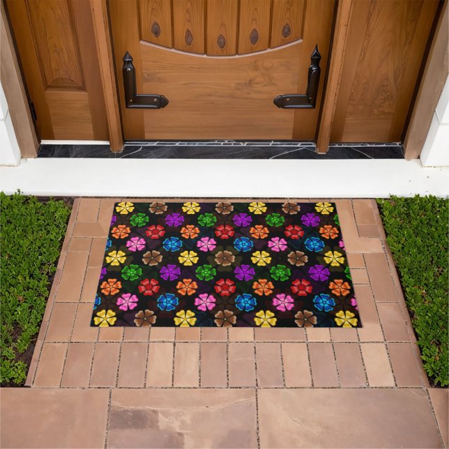 Colourful Retro Rainbow Flowers Design Black  Doormat (Outdoor)