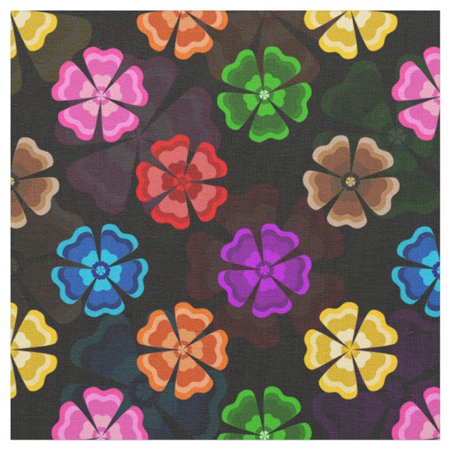 Colourful Retro Rainbow Flowers Design Black  Fabric (Close Up)