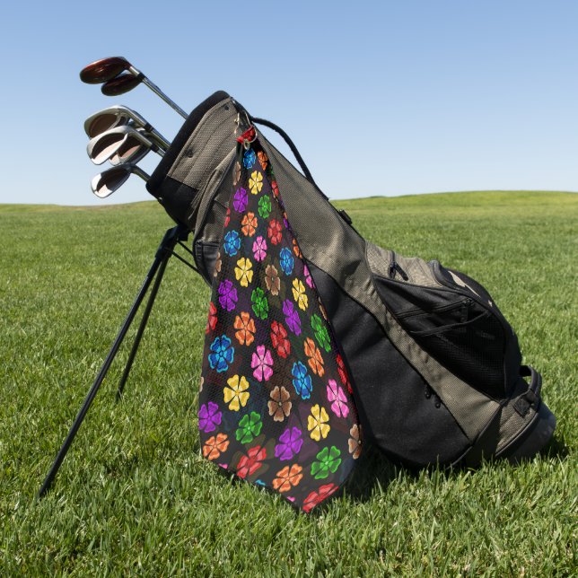 Colourful Retro Rainbow Flowers Design Black  Golf Towel (Green)