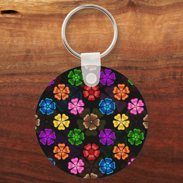 Colourful Retro Rainbow Flowers Design Black  Key Ring (Back)