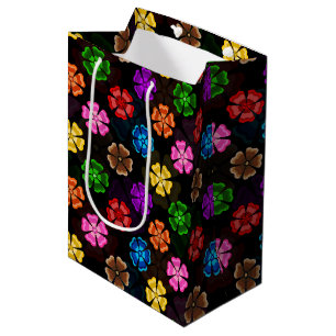 Colourful Retro Rainbow Flowers Design Black  Medium Gift Bag
