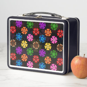Colourful Retro Rainbow Flowers Design Black Metal Lunch Box