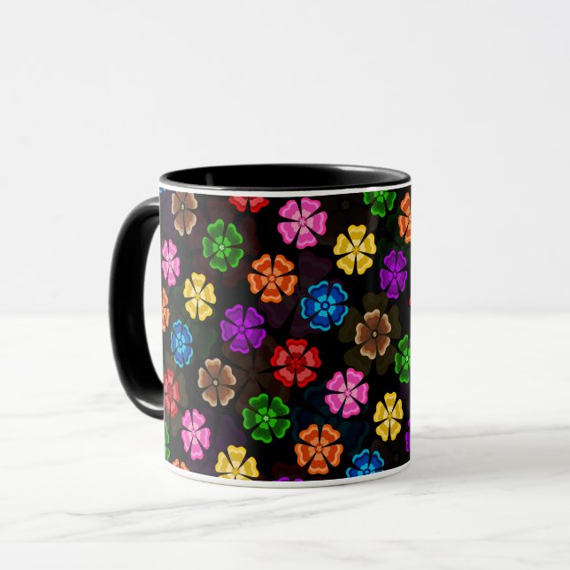 Colourful Retro Rainbow Flowers Design Black  Mug (Front Left)