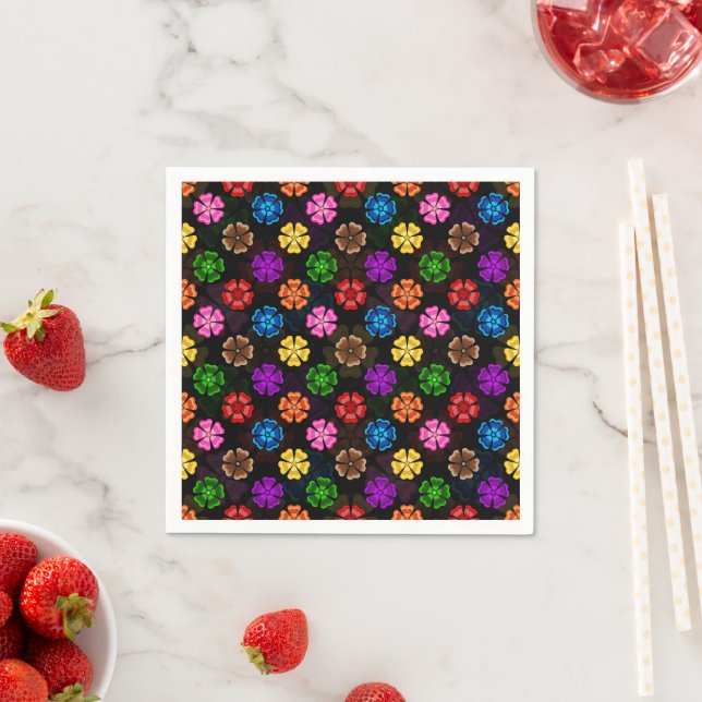Colourful Retro Rainbow Flowers Design Black  Napkin (Insitu)