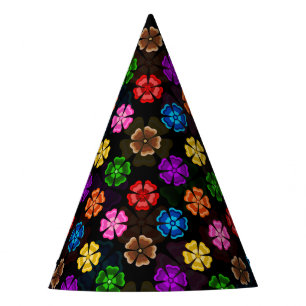 Colourful Retro Rainbow Flowers Design Black  Party Hat