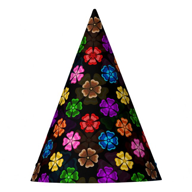 Colourful Retro Rainbow Flowers Design Black  Party Hat (Front)