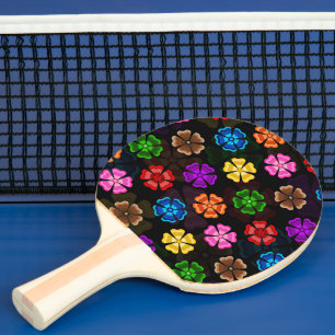 Colourful Retro Rainbow Flowers Design Black  Ping Pong Paddle