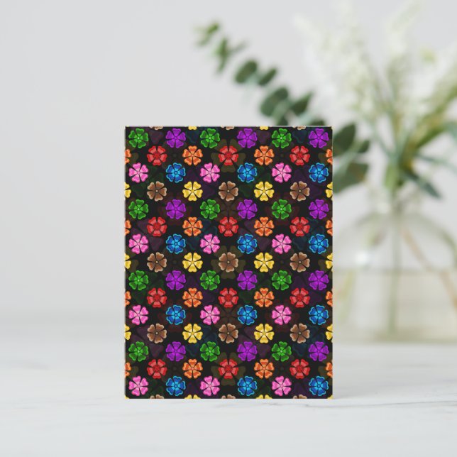 Colourful Retro Rainbow Flowers Design Black  Postcard (Standing Front)