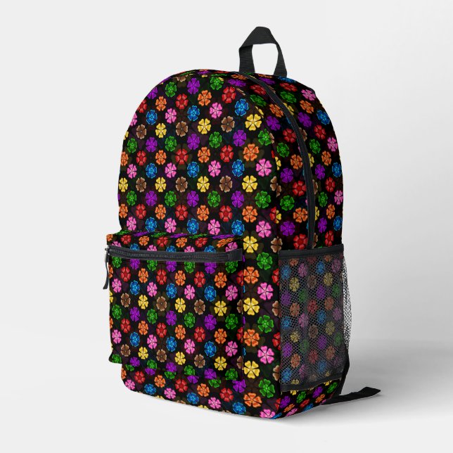 Colourful Retro Rainbow Flowers Design Black  Printed Backpack (Back Corner Right)