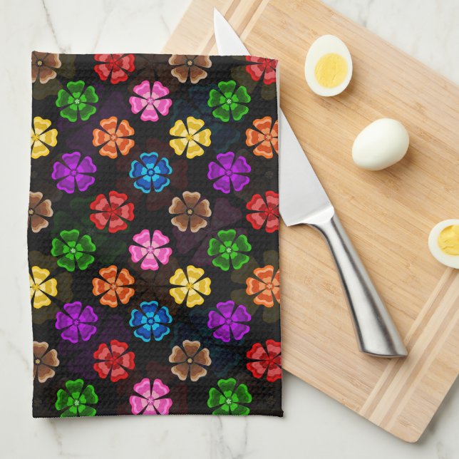 Colourful Retro Rainbow Flowers Design Black  Tea Towel (Quarter Fold)