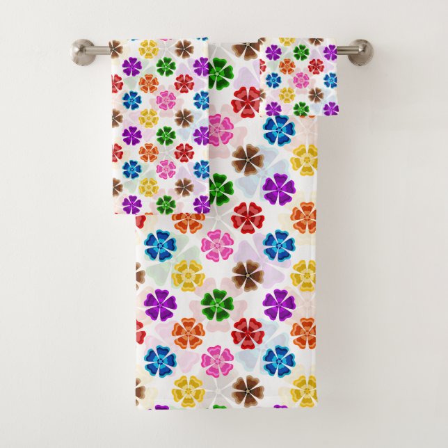 Colourful Retro Rainbow Flowers Design White  Bath Towel Set (Insitu)