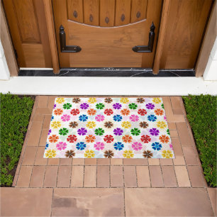 Colourful Retro Rainbow Flowers Design White Doormat