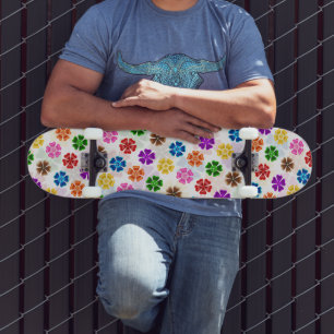 Colourful Retro Rainbow Flowers Design White Skateboard