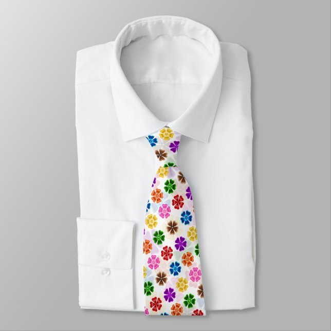 Colourful Retro Rainbow Flowers Design White  Tie (Tied)