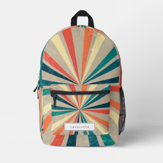 Colourful Retro Rainbow Sunburst Custom Name Printed Backpack (Front)