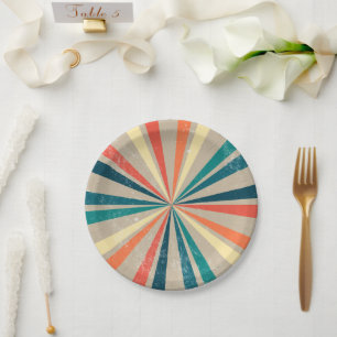 Colourful Retro Rainbow Sunburst Paper Plate