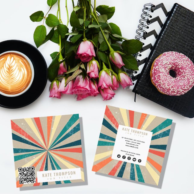 Colourful Retro Rainbow Sunburst QR Code Square Business Card (Creator Uploaded)