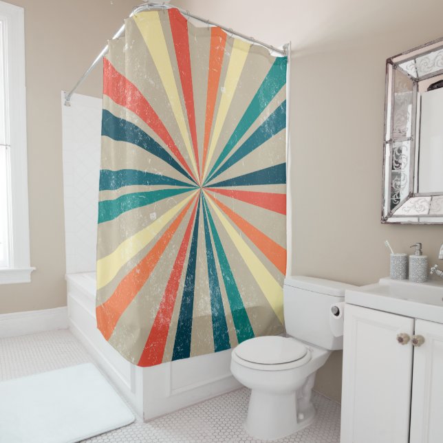 Colourful Retro Rainbow Sunburst  Shower Curtain (In Situ)