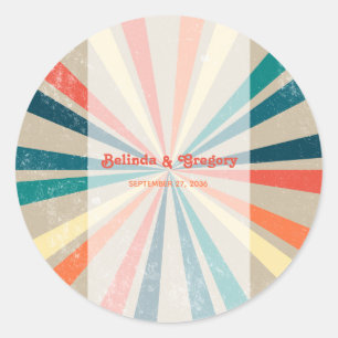 Colourful Retro Rainbow Sunburst Wedding Classic Round Sticker