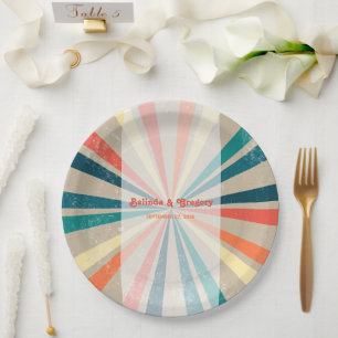 Colourful Retro Rainbow Sunburst Wedding Paper Plate