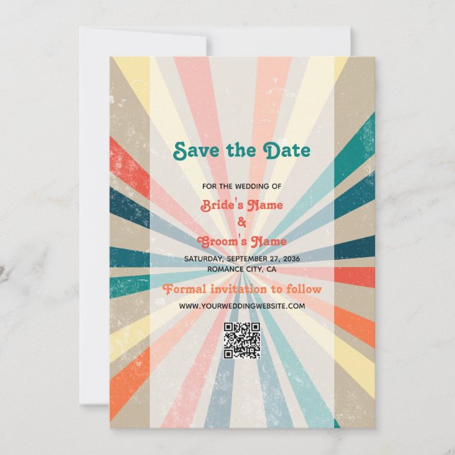 Colourful Retro Rainbow Sunburst Wedding QR Code Save The Date (Front)