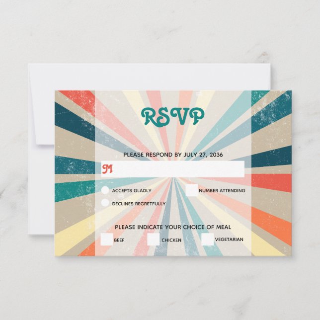 Colourful Retro Rainbow Sunburst Wedding RSVP Card (Front)