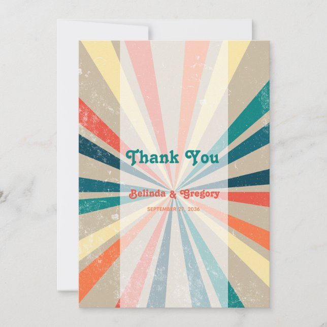 Colourful Retro Rainbow Sunburst Wedding Thank You Card (Front)