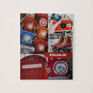 Colourful Retro Red Aesthetic Photo Collage Name Jigsaw Puzzle