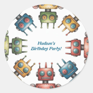 Colourful Retro Robots Boy Birthday Party Classic Round Sticker