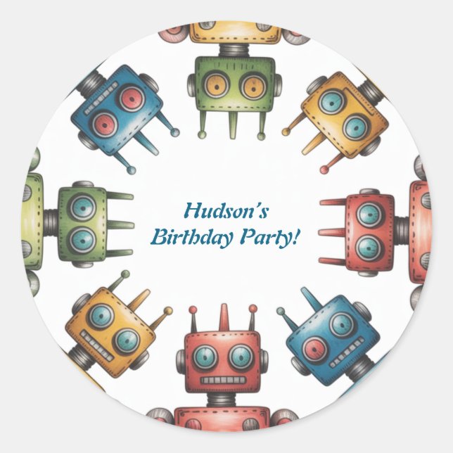 Colourful Retro Robots Boy Birthday Party Classic Round Sticker (Front)