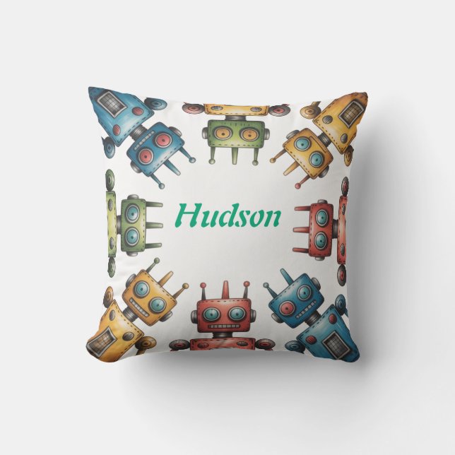 Colourful Retro Robots Boy Birthday Party Gift Cushion (Front)
